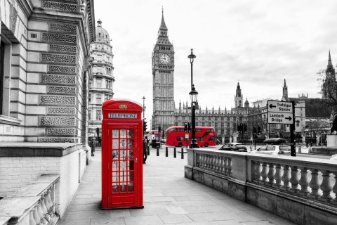Obraz Wieloczęściowy Londyńska Budka Telefoniczna I Big Ben Canvas 120x80 LBS-2144-C120-80_3X40-80