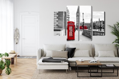 Obraz Wieloczęściowy Londyńska Budka Telefoniczna I Big Ben Canvas Naturalny 80x60 LBS-2146-NC80-60_2X20-60_2X20-40