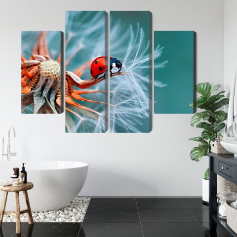 Obraz Wieloczęściowy Biedronka Na Mniszku Lekarskim W Skali Makro Canvas Naturalny 80x60 LBS-3645-NC80-60_2X20-60_2X20-40