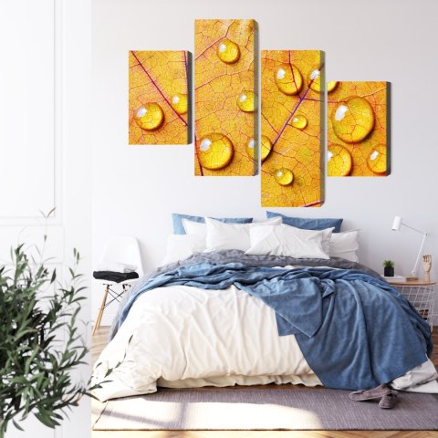 Obraz Wieloczęściowy Krople Wody Na Jesiennym Liściu Makro Canvas 120x75 LBS-3821-C120-75_2X30-75_2X30-45