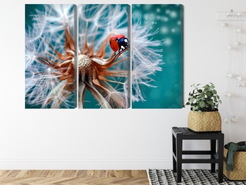 Obraz Wieloczęściowy Biedronka Na Mniszku Lekarskim W Skali Makro Canvas 120x80 LBS-3953-C120-80_3X40-80