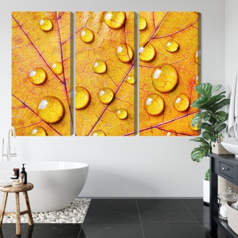 Obraz Wieloczęściowy Krople Wody Na Jesiennym Liściu Makro Canvas 120x80 LBS-3818-C120-80_3X40-80