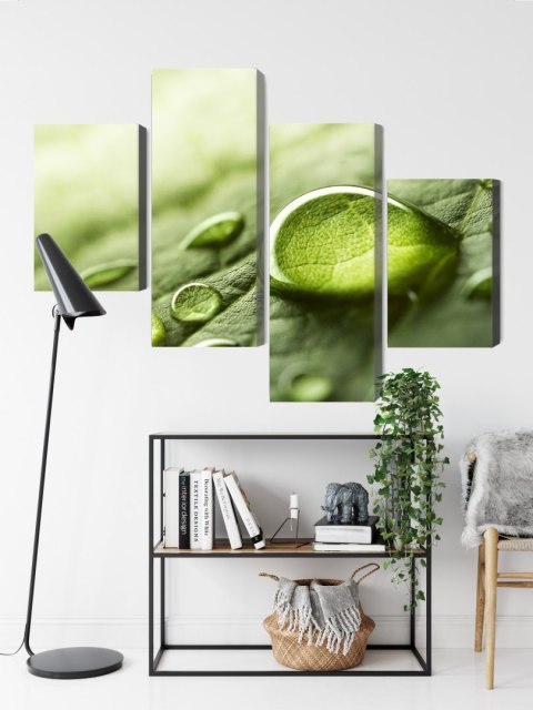 Obraz Wieloczęściowy Krople Wody Na Liściu W Skali Makro Canvas 120x75 LBS-3681-C120-75_2X30-75_2X30-45