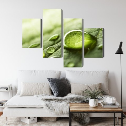 Obraz Wieloczęściowy Krople Wody Na Liściu W Skali Makro Canvas Naturalny 80x50 LBS-3681-NC80-50_2X20-50_2X20-30