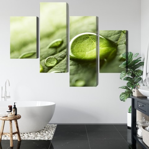 Obraz Wieloczęściowy Krople Wody Na Liściu W Skali Makro Canvas Naturalny 80x50 LBS-3681-NC80-50_2X20-50_2X20-30
