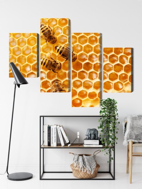 Obraz Wieloczęściowy Pszczoły Na Plastrze Miodu Canvas Naturalny 80x50 LBS-3891-NC80-50_2X20-50_2X20-30
