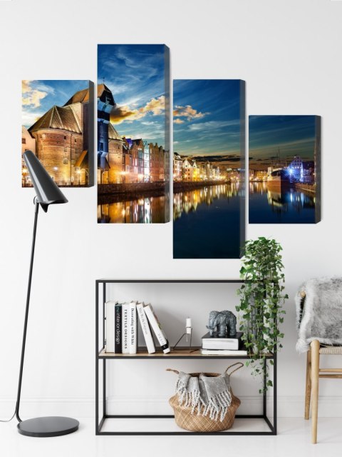 Obraz Wieloczęściowy Gdańskie Nabrzeże I Żuraw Nocą Canvas Naturalny 80x50 LBS-2744-NC80-50_2X20-50_2X20-30