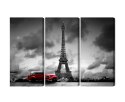Obraz Wieloczęściowy Czarno-Biały Widok Na Wieżę Eiffla I Samochód Retro Canvas 120x80 LBS-2264-C120-80_3X40-80