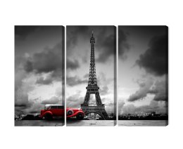Obraz Wieloczęściowy Czarno-Biały Widok Na Wieżę Eiffla I Samochód Retro Canvas 120x80 LBS-2264-C120-80_3X40-80