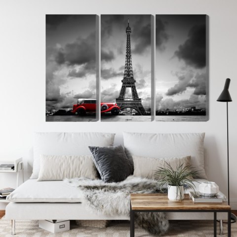 Obraz Wieloczęściowy Czarno-Biały Widok Na Wieżę Eiffla I Samochód Retro Canvas 120x80 LBS-2264-C120-80_3X40-80