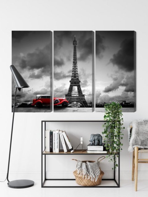 Obraz Wieloczęściowy Czarno-Biały Widok Na Wieżę Eiffla I Samochód Retro Canvas 120x80 LBS-2264-C120-80_3X40-80