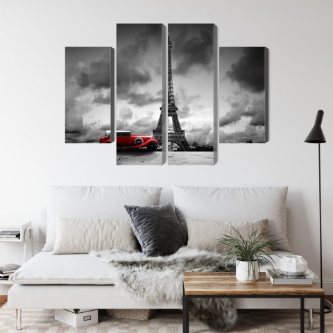 Obraz Wieloczęściowy Czarno-Biały Widok Na Wieżę Eiffla I Samochód Retro Canvas 80x60 LBS-2266-C80-60_2X20-60_2X20-40