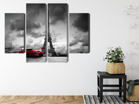 Obraz Wieloczęściowy Czarno-Biały Widok Na Wieżę Eiffla I Samochód Retro Canvas 80x60 LBS-2266-C80-60_2X20-60_2X20-40