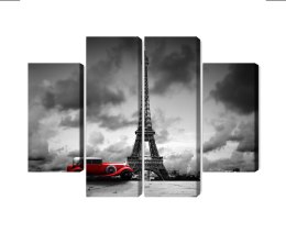 Obraz Wieloczęściowy Czarno-Biały Widok Na Wieżę Eiffla I Samochód Retro Canvas Naturalny 80x60 LBS-2266-NC80-60_2X20-60_2X20-4