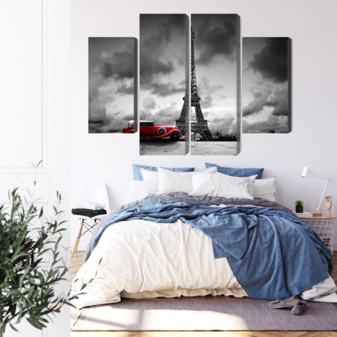 Obraz Wieloczęściowy Czarno-Biały Widok Na Wieżę Eiffla I Samochód Retro Canvas Naturalny 80x60 LBS-2266-NC80-60_2X20-60_2X20-4
