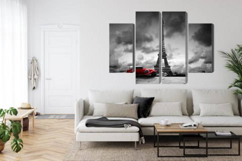 Obraz Wieloczęściowy Czarno-Biały Widok Na Wieżę Eiffla I Samochód Retro Canvas Naturalny 80x60 LBS-2266-NC80-60_2X20-60_2X20-4