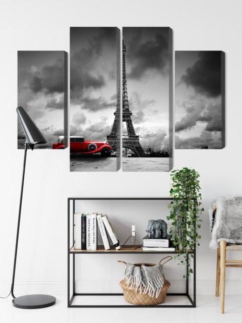 Obraz Wieloczęściowy Czarno-Biały Widok Na Wieżę Eiffla I Samochód Retro Canvas Naturalny 80x60 LBS-2266-NC80-60_2X20-60_2X20-4