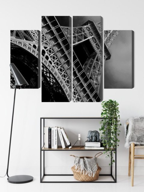 Obraz Wieloczęściowy Czarno-Biały Widok Na Wieżę Eiffla Od Dołu Canvas Naturalny 80x60 LBS-2256-NC80-60_2X20-60_2X20-40