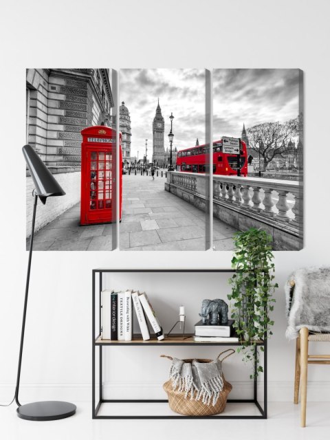Obraz Wieloczęściowy Czerwona Budka Telefoniczna W Londynie I Big Ben Canvas 120x80 LBS-2193-C120-80_3X40-80