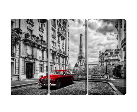 Obraz Wieloczęściowy Czerwony Samochód Retro Na Tle Wieży Eiffla Canvas 120x80 LBS-2259-C120-80_3X40-80