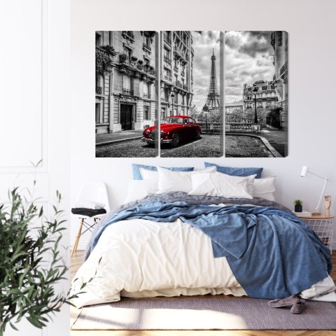 Obraz Wieloczęściowy Czerwony Samochód Retro Na Tle Wieży Eiffla Canvas 120x80 LBS-2259-C120-80_3X40-80