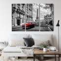 Obraz Wieloczęściowy Czerwony Samochód Retro Na Tle Wieży Eiffla Canvas 120x80 LBS-2259-C120-80_3X40-80