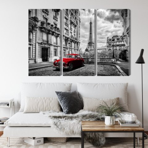 Obraz Wieloczęściowy Czerwony Samochód Retro Na Tle Wieży Eiffla Canvas 120x80 LBS-2259-C120-80_3X40-80