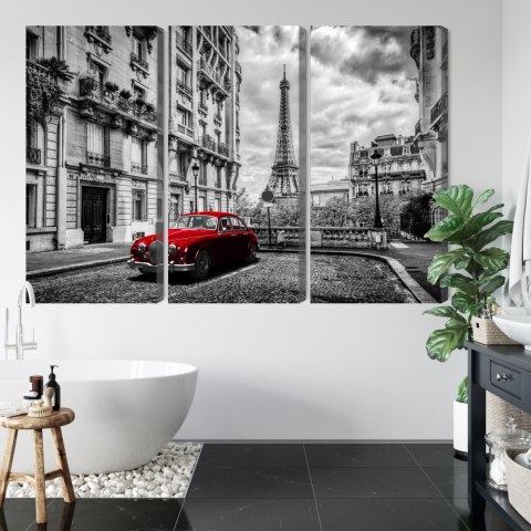 Obraz Wieloczęściowy Czerwony Samochód Retro Na Tle Wieży Eiffla Canvas 120x80 LBS-2259-C120-80_3X40-80
