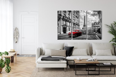 Obraz Wieloczęściowy Czerwony Samochód Retro Na Tle Wieży Eiffla Canvas 120x80 LBS-2259-C120-80_3X40-80