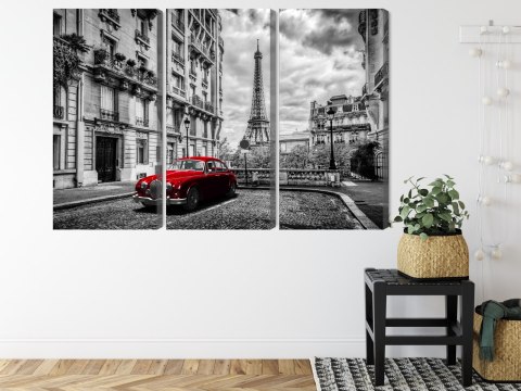 Obraz Wieloczęściowy Czerwony Samochód Retro Na Tle Wieży Eiffla Canvas 120x80 LBS-2259-C120-80_3X40-80