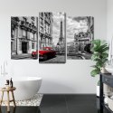 Obraz Wieloczęściowy Czerwony Samochód Retro Na Tle Wieży Eiffla Canvas 120x80 LBS-2260-C120-80_1X40-80_2X40-60