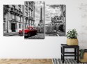 Obraz Wieloczęściowy Czerwony Samochód Retro Na Tle Wieży Eiffla Canvas 120x80 LBS-2260-C120-80_1X40-80_2X40-60