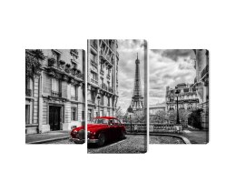 Obraz Wieloczęściowy Czerwony Samochód Retro Na Tle Wieży Eiffla Canvas Naturalny 90x60 LBS-2260-NC90-60_1X30-60_2X30-45