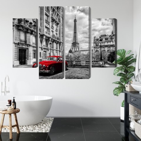 Obraz Wieloczęściowy Czerwony Samochód W Stylu Retro Na Tle Wieży Eiffla Canvas 80x60 LBS-2261-C80-60_2X20-60_2X20-40