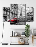 Obraz Wieloczęściowy Czerwony Samochód W Stylu Retro Na Tle Wieży Eiffla Canvas 80x60 LBS-2261-C80-60_2X20-60_2X20-40