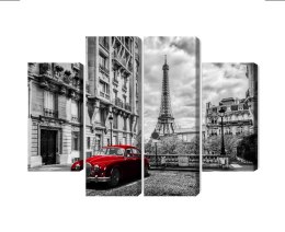 Obraz Wieloczęściowy Czerwony Samochód W Stylu Retro Na Tle Wieży Eiffla Canvas Naturalny 80x60 LBS-2261-NC80-60_2X20-60_2X20-4