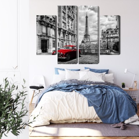 Obraz Wieloczęściowy Czerwony Samochód W Stylu Retro Na Tle Wieży Eiffla Canvas Naturalny 80x60 LBS-2261-NC80-60_2X20-60_2X20-4
