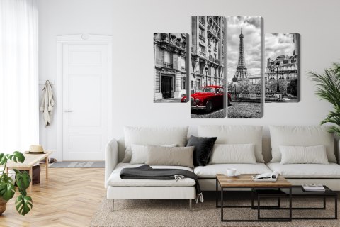 Obraz Wieloczęściowy Czerwony Samochód W Stylu Retro Na Tle Wieży Eiffla Canvas Naturalny 80x60 LBS-2261-NC80-60_2X20-60_2X20-4