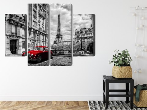 Obraz Wieloczęściowy Czerwony Samochód W Stylu Retro Na Tle Wieży Eiffla Canvas Naturalny 80x60 LBS-2261-NC80-60_2X20-60_2X20-4