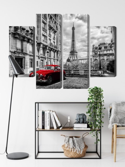 Obraz Wieloczęściowy Czerwony Samochód W Stylu Retro Na Tle Wieży Eiffla Canvas Naturalny 80x60 LBS-2261-NC80-60_2X20-60_2X20-4