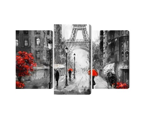 Obraz Wieloczęściowy Ludzie Z Czerwonymi Parasolami Na Ulicy Paryża Canvas 120x80 LBS-2291-C120-80_1X40-80_2X40-60