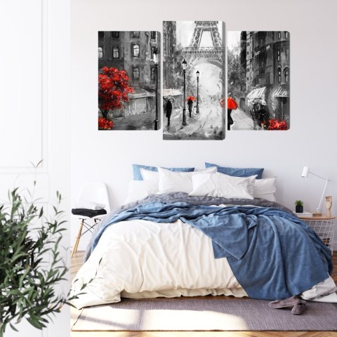 Obraz Wieloczęściowy Ludzie Z Czerwonymi Parasolami Na Ulicy Paryża Canvas 120x80 LBS-2291-C120-80_1X40-80_2X40-60
