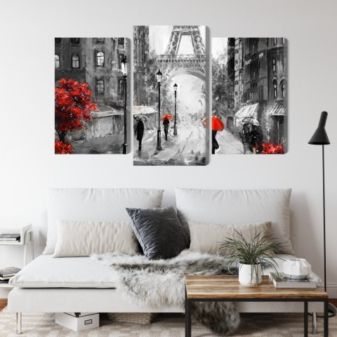 Obraz Wieloczęściowy Ludzie Z Czerwonymi Parasolami Na Ulicy Paryża Canvas 120x80 LBS-2291-C120-80_1X40-80_2X40-60