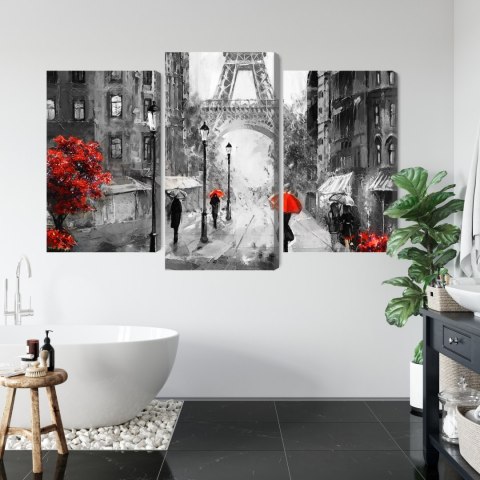 Obraz Wieloczęściowy Ludzie Z Czerwonymi Parasolami Na Ulicy Paryża Canvas 120x80 LBS-2291-C120-80_1X40-80_2X40-60