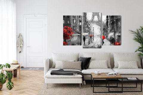 Obraz Wieloczęściowy Ludzie Z Czerwonymi Parasolami Na Ulicy Paryża Canvas 120x80 LBS-2291-C120-80_1X40-80_2X40-60