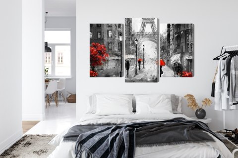 Obraz Wieloczęściowy Ludzie Z Czerwonymi Parasolami Na Ulicy Paryża Canvas 120x80 LBS-2291-C120-80_1X40-80_2X40-60