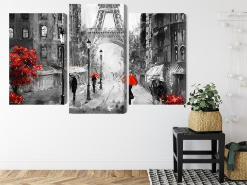 Obraz Wieloczęściowy Ludzie Z Czerwonymi Parasolami Na Ulicy Paryża Canvas 120x80 LBS-2291-C120-80_1X40-80_2X40-60