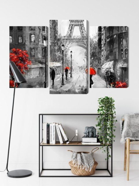 Obraz Wieloczęściowy Ludzie Z Czerwonymi Parasolami Na Ulicy Paryża Canvas 120x80 LBS-2291-C120-80_1X40-80_2X40-60
