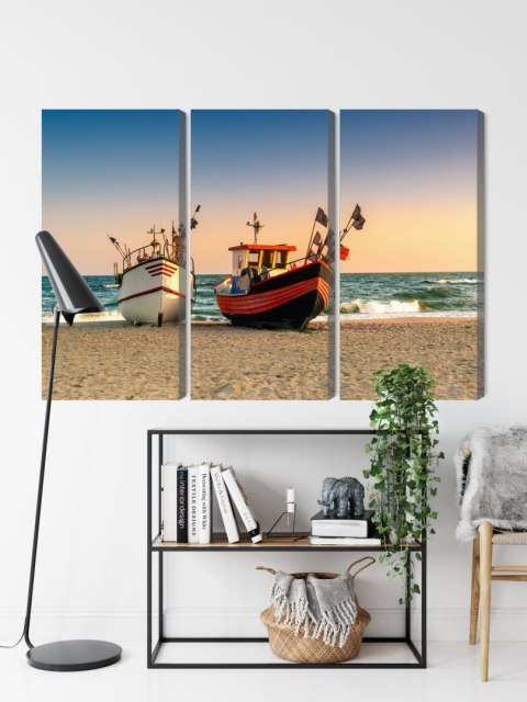 Obraz Wieloczęściowy Łodzie Rybackie Na Plaży Canvas 120x80 LBS-2159-C120-80_3X40-80