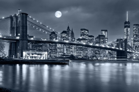 Obraz Wieloczęściowy Nocna Panorama Nowego Jorku Z Księżycem Na Niebie Canvas 120x80 LBS-2565-C120-80_3X40-80